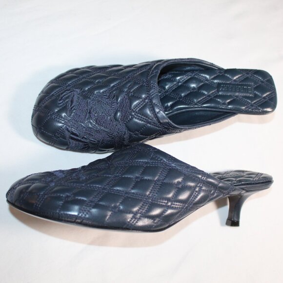 NWOB Burberry Kitten Heel Navy Blue Quilted Logo EKD Mules Slip Ons 38 - Picture 1 of 8